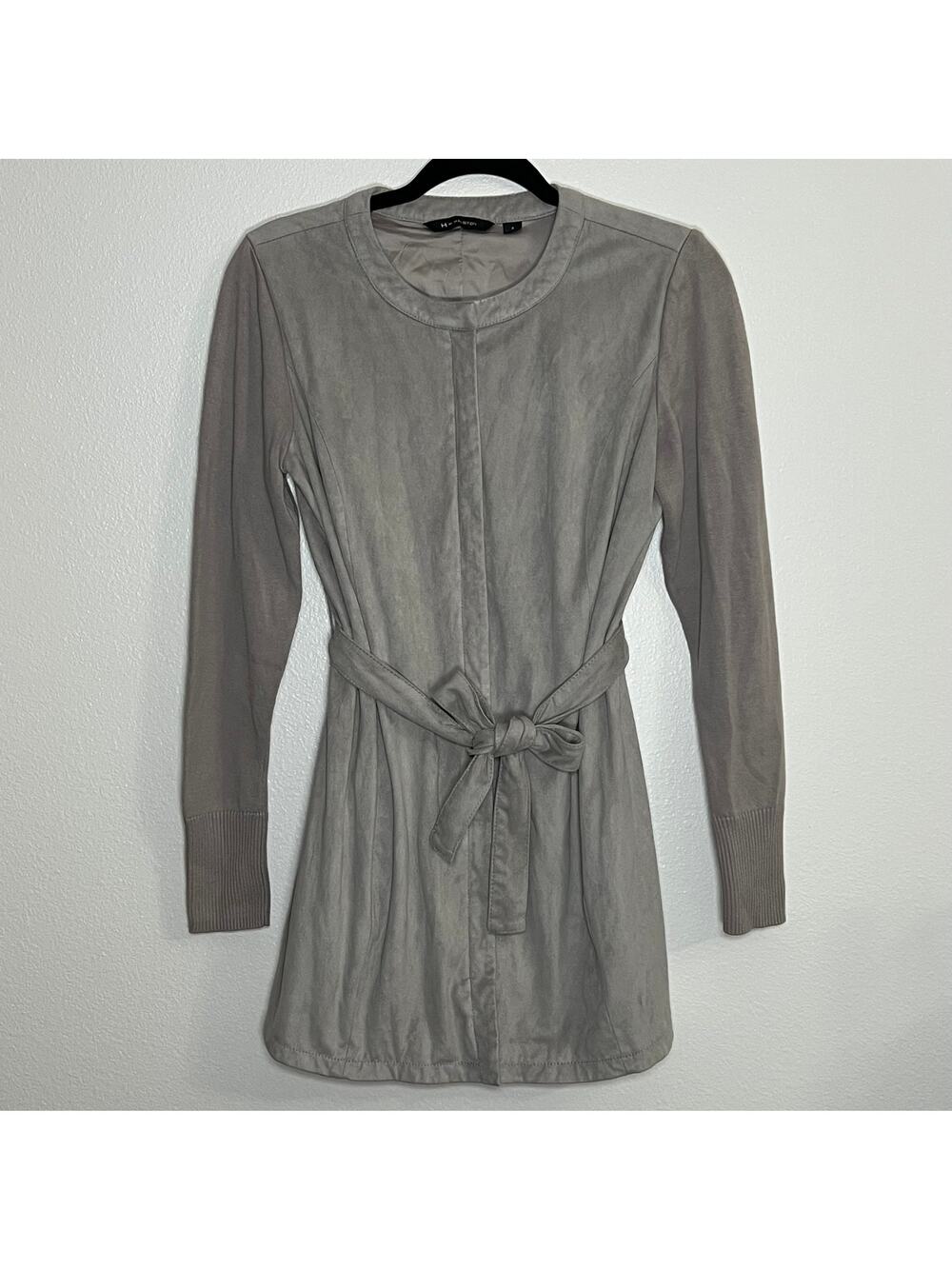 H by Halston| Women's faux suede knit tie front trench coat dress